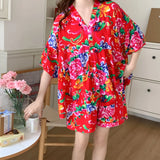 Pbong  Loose Floral Printing Pajama Set Summer New Women Night Wear Pj Set Half Sleeve Knee V-neck Sleepwear Femme Nightie