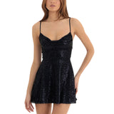 Pbong  Women's Sexy Shiny Sequined Summer Backless Bow Knot Tie-up Hollowed A-Line Mini Party Dress Beach Club Streetwear