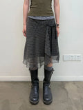 Vintage Plaid Mesh Skirts Women Japanese Asymmetrical Mid Skirt Y2k Harajuku Lace Up Short Skirts Aesthetics Elegant