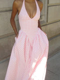 Women Sweet Pink Plaid Print Pleated A-line Dress Sexy Backless V-neck Lace-up Halter Dresses 2025 New Evening Party Club Robes