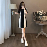French Fashion Simple Temperament Black White Dress Patchwork Casual Short Sleeve Women O-neck Summer New Collection Waist Dress