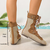 Pbong  Korean-Style Lace-Up Hollow-Out Shoes for Women, Summer New Breathable Sandals, Beach Ballet Flats, Woven Mesh Mid-Calf Boots