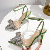 Liyke Summer Party Wedding Stripper High Heels Sexy Crystal Bowknot Pointed Toe Women Pumps PVC Transparent Sandals Shoes Green