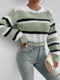 autumn and winter hot sale new acrylic loose drop shoulder round neck color matching knitted long sleeve ladies sweater