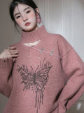 Hollow Out Hole Sweaters Women Vintage Bufferfly Print Lazy Wind Loose Knitted Jumper American Harajuku Y2K Retro Pullover New