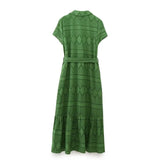 Fashion Hollow Out Embroidery Belt Long Dress Turn Down Collar Solid Color Green Elegant Women Dress 2025 New Chic Vestidos