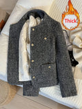 Winter Faux Woolen Gray Coat Women Vintage Thick Warm Long Sleeve Slim Jacket Casual O Neck Female Korean Elegant Retro Top