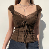 Lace-up Lace Patchwork Y2K Top Short Sleeve Summer Casual Cute Clothes Vintage Tank Tops Coquette T-shirt Women Tees
