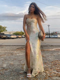 Retro Sequin Printed Tube Long Dress Women Sexy Sleeveless Slim Knotted Slit Party Dresses Lady Chic Street Vestidos
