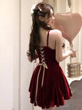 French Elegant Red Party Velvet Mini Dress Women Fashion Patchwork Princess Vestidos Female Spring Autumn Graduation Clothes