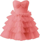 Pbong  Teen’s Short Tulle Homecoming Dress A Line Strapless Tiered Party Prom Dress Mini Cocktail Gowns for Women