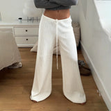 Pbong  Basic Solid Low-Waisted Ribbed Knitted Pants Casual Loose Drawstring Wide Leg Pants Soft Comfy Lounge Wear Trousers Streetwear