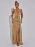 Glitter Deep V Neck Sexy Maxi Dress For Women Gown Fashion Sparkle Halter Sleeveless Backless Split Club Long Dress