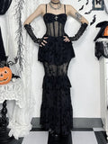 Gothic Dress Autumn New Sexy Long Dress Halloween Dark Style Elegant Mesh Strap Dress for Women
