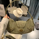  Y2k Vintage Shoulder Bag American Street Style Rivets Green Canvas Handbag Gothic Punk Biker Cool Designers Underarm Bag