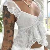 Fairy Coquette Tank Top y2k Women Sheer See Through V Neck Sleeveless Double Layered T Shirt Lace Vest Club Streetwear