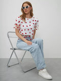 New Heart Print Mesh Splicing Color T-shirt For Women Y2k Cotton Short Sleeve Tee Top Rpund Neck Fashion Tshirt 2025 Summer