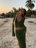 Women Sexy See Through Patchwork Long Skirt Set Fashion Long Sleeve Lace-up Shirt Tops Suit New Vocation Beach Outfits