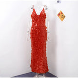 Fashion Sequined Slip Long Dress Women Sleeveless Deep V-neck Backless Slim Maxi Dress 2025 Summer Chic Party Birthday Dresses
