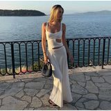 White Slim Beach Vacation Long Dress Summer Hollow Out Sleeveless Sexy Women Dress V-neck High Waist Casual Y2K 2025 New Dress