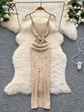 Sexy Knitting Split Long Dress Sleeveless Sequins Diamonds With Sashes Skinny Sundress 2025 Fashion Women Summer Dress