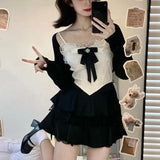 Pbong  Japanese Kawaii Lolita 3 Piece Set Women Patchwork Vintage Sweet Mini Skirt Suit Female Korean Fashion Casual Suit Sexy Winter