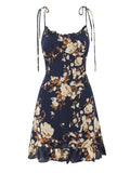 Pbong  Outdoor Parties Elegant Navy Floral Slip Dress for Women Square Collar Ruffled Hem A Line Skirt for Music Festivals