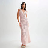 Sexy Hollow Out Crochet Pink Summer Tank Dress Sleeveless Transparent Sexy Fashion Long Dress Beach Vacation Female Clothing