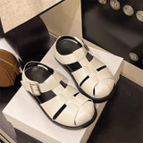 Pbong  Women's Sandals Roman Weave Hollow-Out Closed-Toe Sandals for Women Summer Outdoor Wear Flat Thick-Soled Buckle Sandals