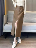 Sexy Slit Pu Long Skirt Women High Waist Slim Vintage Skirts Casual Fall Winter Lady Solid Retro American Streetwear Long Skirt