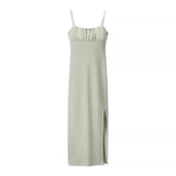 Green Backless Sexy Long Dress For Summer 2025 New High Waist Slit Square Collar Slip Dress Fashion Solid Satin Party Dress