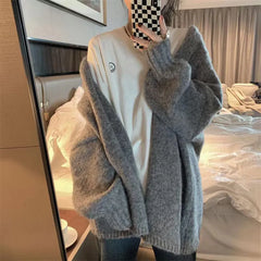 Autumn Winter Thicken Warm Women Cardigan Sweater Korean Lazy Wind Soft All Match Cardigans Tops Solid Loose Knitted Coats