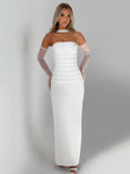 Strapless Backless Sexy Maxi Dress For Women Burgundy Mesh Sleeve Off-shoulder Bodycon Club Party Evening Long Dress