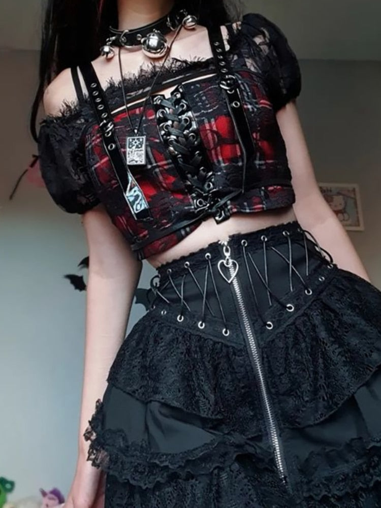 Streetwear Gothic Lace Skirt Women Emo Alternative Y2k E-girl Lolita High Waist Skirt Harajuku Grunge Clubwear Female