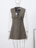 Pbong  Striped Pullover Deep V-Neck Sleeveless Mini Dress Bodice Short Length Silhouette Spring Chic Elegant Office Women Vestido