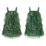 Pbong  Women Christmas Tree Sequined Glitter Star Sleeveless Loose Fit Ruffled Layered Tiered Holiday Loose Tulle Mini Dress