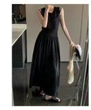 Knit Patchwork Pleat Long Dress Round Neck A-line Fashion Women Dress2025 New Sleeveless Loose Vestidos Chic Female Clothing