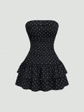 Pbong  Sweetra New Winter French Fashion Polka Dot Lace Ruffle Bow Design Office Commute Casual Cute Sweet Style Strapless Bodycon Cinc
