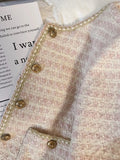 Pink Women Sweet Tweed Jacket Vintage Long Sleeve Slim O Neck Coat Korean Fall Winter Retro Small Fragrance Elegant Tops