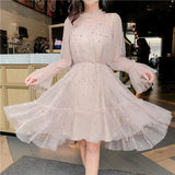 New Arrivals Summer Women Lace Dress Sequined Appliques A-line Mesh Patchwork Solid Dress Fairy Long Sleeves Knee-length Dress