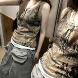 Pbong  American Streetwear Y2K Vest Strap Women's Trendy Loose Micro Elastic Subculture Pure Cotton Print Breathable Svel Top ...