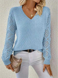 Long Sleeve Pointelle Knit Top Pullovers Women Sweater Openwork Long Sleeve V-neck Jumper Fall Winter Blusas Para Mujer Outfit