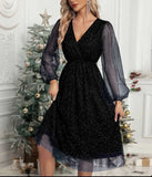 Pbong  Women's Elegant V-neck Slim Fit Solid Color Dress Patchwork Mesh Perspective Powder Spray Party Dress Formal Evening Gown