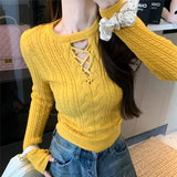 Half Lace Up Sweater for Women Long Sleeve Slim Fit Knitted Tops Pullovers Femal Lace-up Jumper Autumn Winter Y2K Outfit