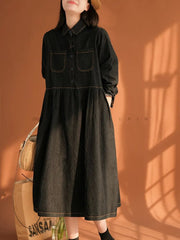 Autumn New Loose Retro Casual Commuter Outwear Mid Length Cotton Denim Large Pocket Solid Elegant Long Sleeve Dress