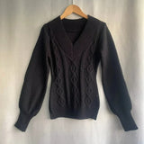 Sexy Elegant V-neck Knitted Pullover Women Black Y2k Fashion Long Sleeve Sweaters Simple Casual Slim Aesthetics Tops