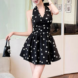 Pbong  Women's Cream Halter Neck Polka Dot Mini Dress, Large Bow Backless Flared Skirt, Elegant Party & Vaion Dress