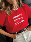Fashion Red Amore Letter Print Summer T-shirts Cotton Short Sleeve Casual Summer Top 2025 New Loose Streetwear Women Tee