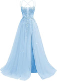 Pbong  Lace Applique Sparkly Tulle Prom Dresses for Women with Slit Spaghetti Straps Backless A Line Long Ball Gown
