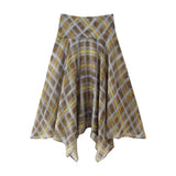Pbong  Women New Design Asymmetric Hem A-line Mid-rise Plaid Midi Skirts Thin faldas mujer